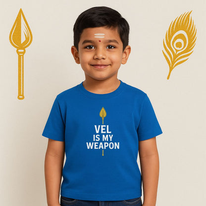 Royalblue Kids t-shirt with 'VEL IS MY WEAPON' 
