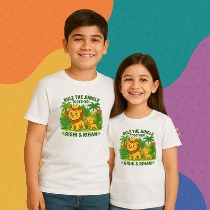 Personalized ‘Rule the Jungle Together’ t-shirts for kids, featuring sibling lion duo design