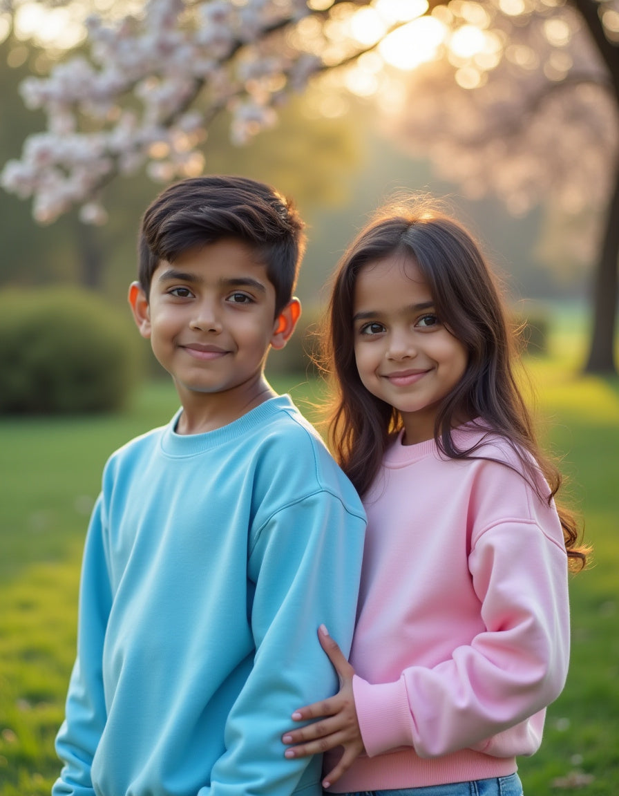 Blue and pink siblings sweatshirts – perfect Rakhi gift 2025 for brothers and sisters to twin in cozy festive style on Rakshabandhan