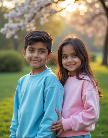 Blue and pink siblings sweatshirts – perfect Rakhi gift 2025 for brothers and sisters to twin in cozy festive style on Rakshabandhan