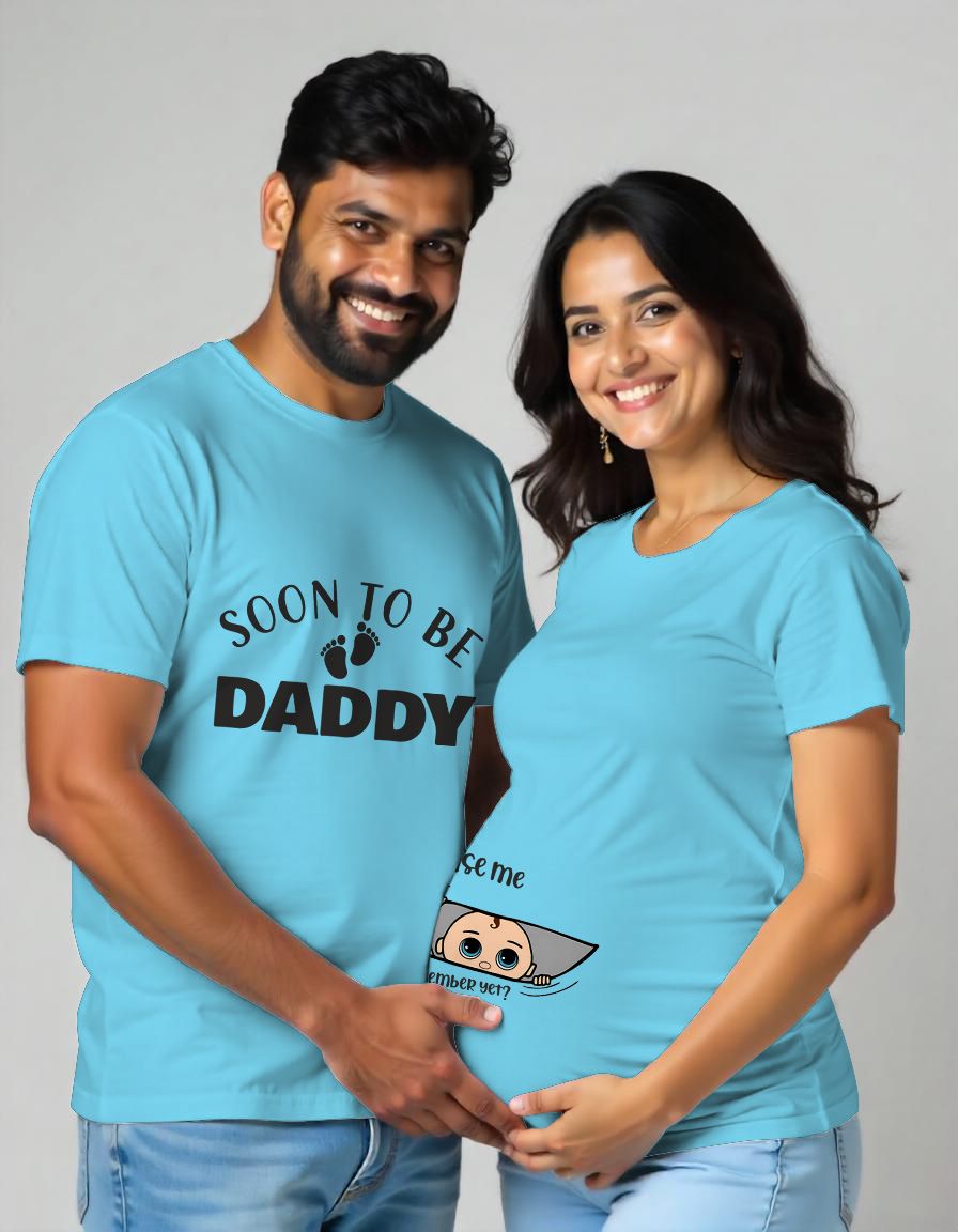 Aquablue Maternity Couple Matching Tshirt Printed as Soon to be Daddy and Excuse Me text with Baby Footprint design