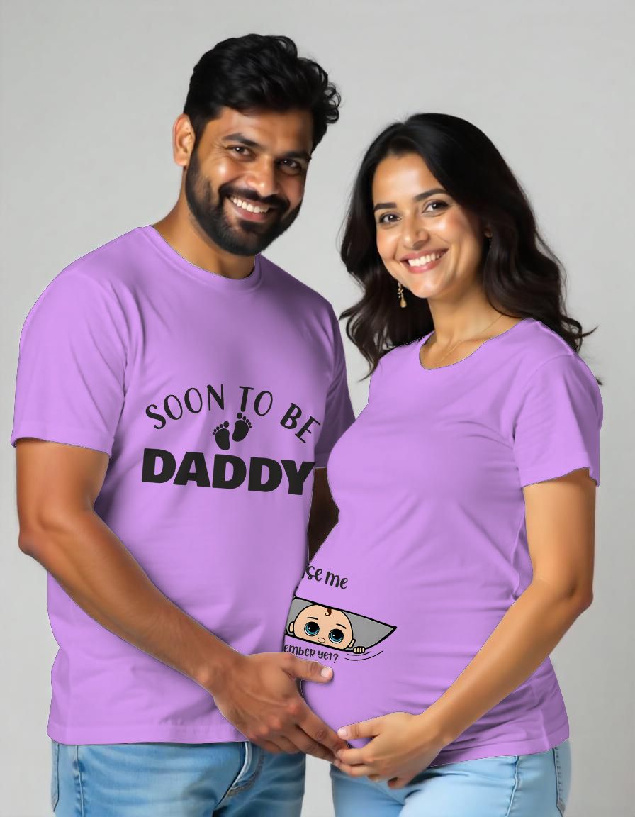 Lavender Maternity Couple Matching Tshirt Printed as Soon to be Daddy and Excuse Me text with Baby Footprint design