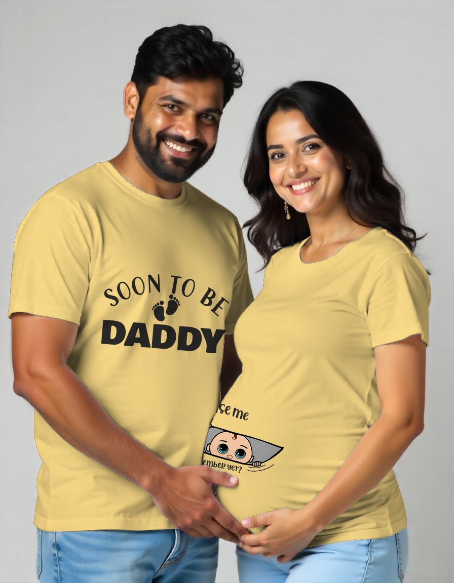 Yellow Maternity Couple Matching Tshirt Printed as Soon to be Daddy and Excuse Me text with Baby Footprint design