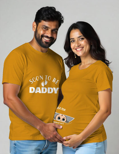 Mustard Maternity Couple Matching Tshirt Printed as Soon to be Daddy and Excuse Me text with Baby Footprint design