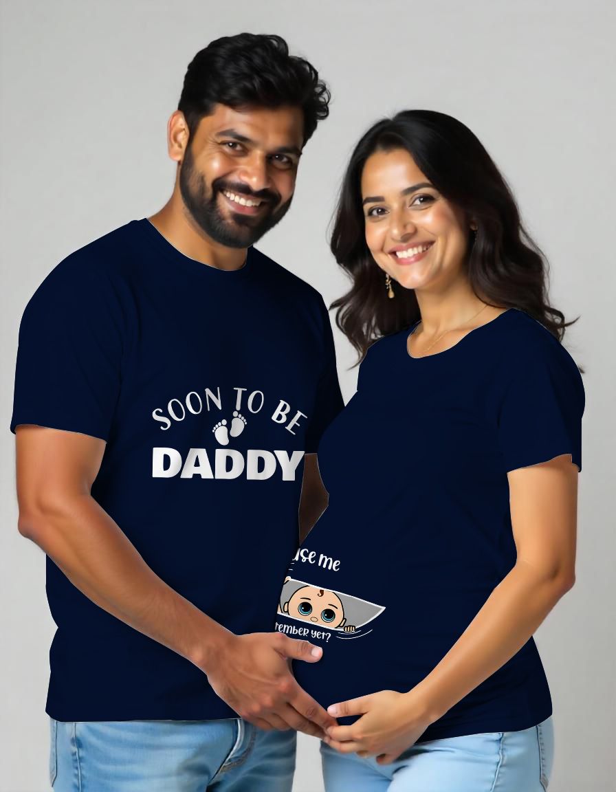 Navyblue Maternity Couple Matching Tshirt Printed as Soon to be Daddy and Excuse Me text with Baby Footprint design