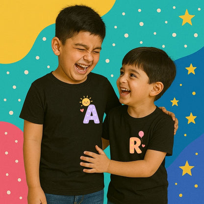Black cotton sibling tees with first initials – perfect Rakhi gift for brothers and sisters to twin in style on Rakshabandhan 2025