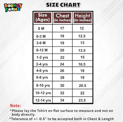 Size chart for children's clothing by Bouncy Toonz on a white background