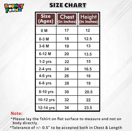 Size chart for children's clothing by Bouncy Toonz on a white background