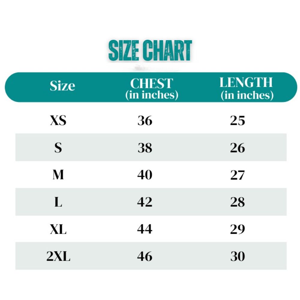 Size chart for clothing with chest and length measurements in inches.