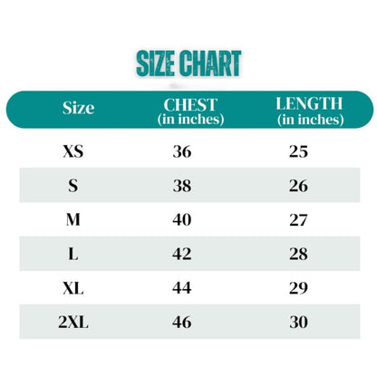 Size chart for clothing with chest and length measurements in inches.