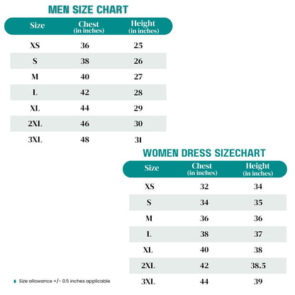 Size chart for men and women with chest and height measurements.