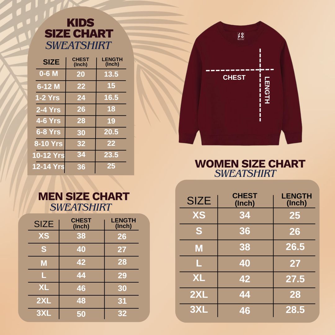 Size chart for sweatshirts with measurements for kids, women, and men