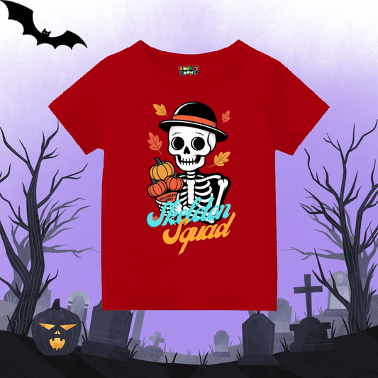 Skeleton Squad Text with Skeleton Design Kids Halloween Tshirt Red
