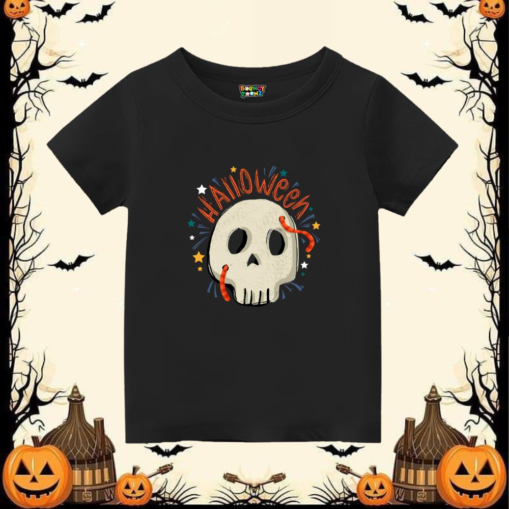 Skull Design Printed with Halloween text kids tshirt