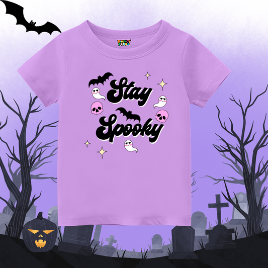 Stay Spooky Text with Monster Graphics Kids Halloween Tshirt Lavender
