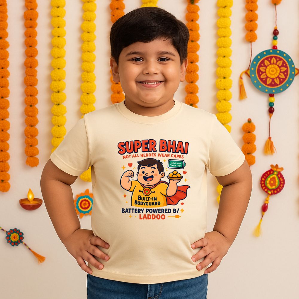 Super Bhai posing in a Beige Rakhi edition t-shirt designed for Raksha Bandhan celebrations.