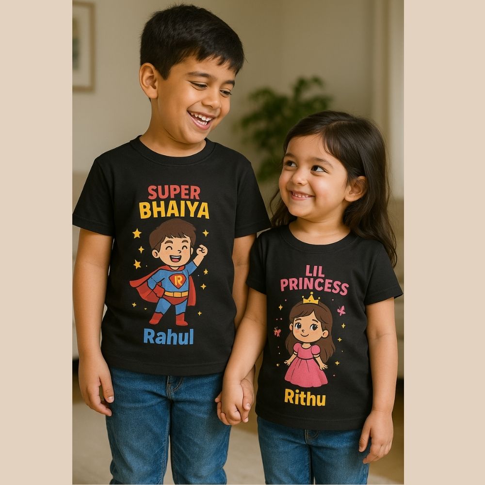 Make Rakshabandhan extra special with Super Bhaiya and Lil Princess sibling T-shirts – a fun Rakhi gift idea for your brother and sister combo.