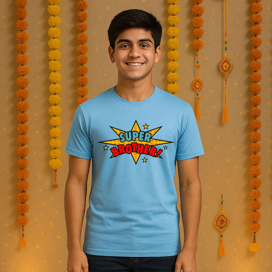 Super brother posing in a blue Rakhi edition t-shirt designed for Raksha Bandhan celebrations.