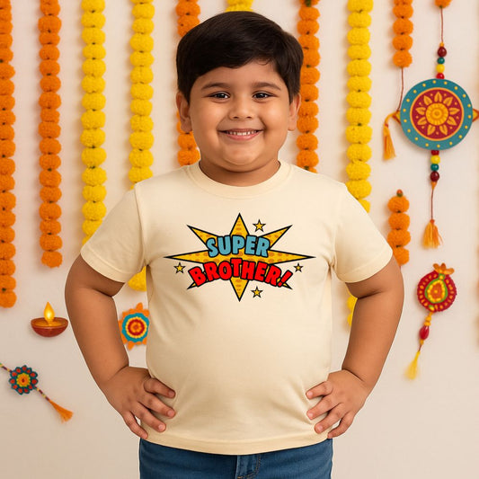 Big brother posing in a Beige Rakhi edition t-shirt designed for Raksha Bandhan celebrations.