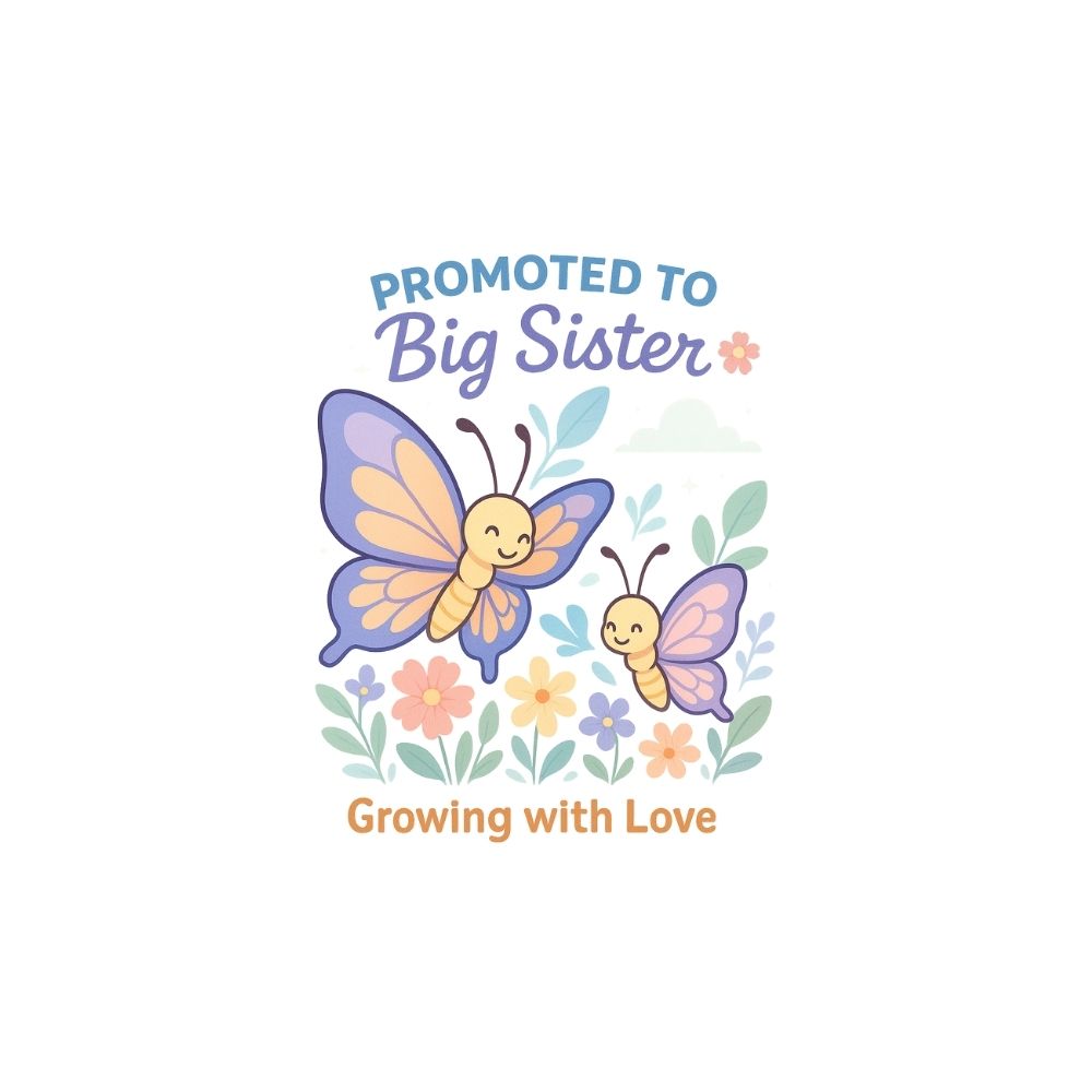 Two butterflies with text 'Promoted to Big Sister' and 'Growing with Love' 