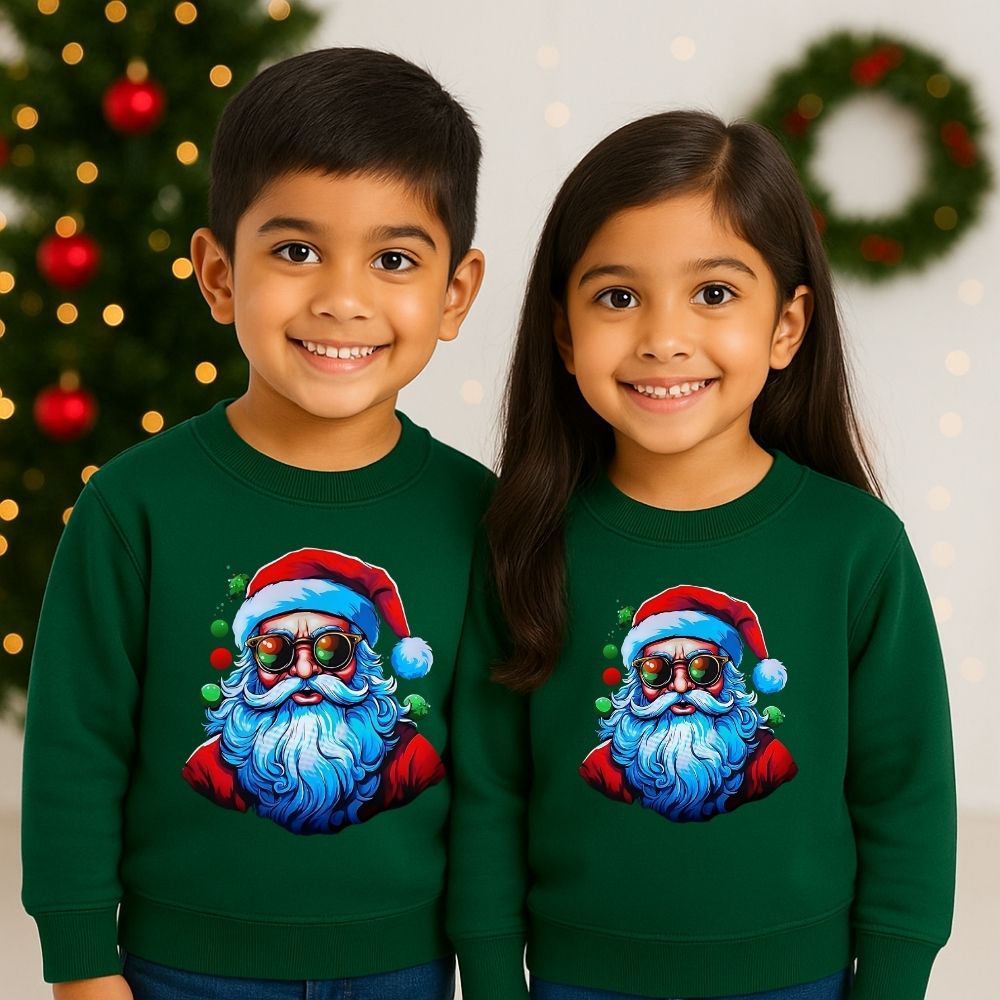 Two children wearing Bottlegreen sweatshirts with a colorful Santa Claus design