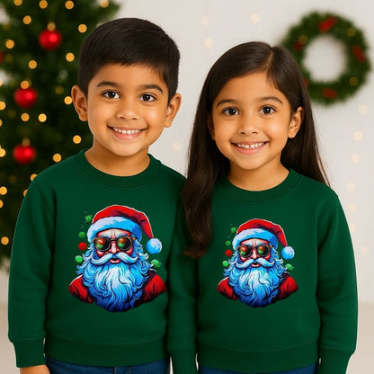 Two children wearing Bottlegreen sweatshirts with a colorful Santa Claus design