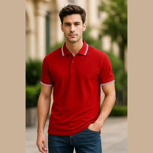 Men's Christmas Red Plain Collar Tshirt - Double Tipping Premium Collar Tshirt