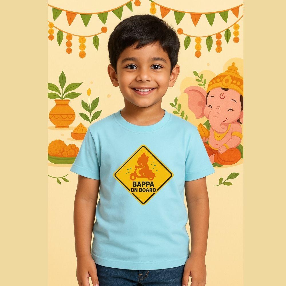 Vinayagar Chaturthi Pastelblue Kids t-shirt with a 'Bappa on Board' sign design