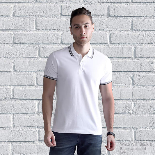 Double Tipping Collar Plain t shirt For Men - White-With-Black-Black