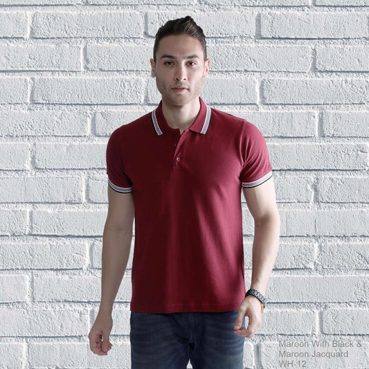 Double Tipping Collar Plain t shirt For Men - Maroon-With-Black-Maroon