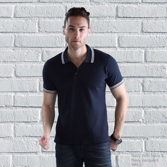 Double Tipping Collar Plain t shirt For Men - Navy-With-Navy-Navy