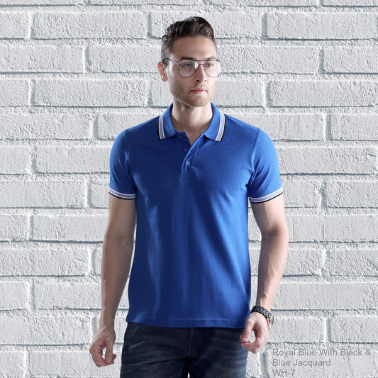 Double Tipping Collar Plain t shirt For Men - Royal-Blue-With-Black-Blue