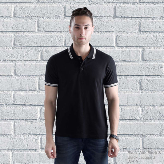 Double Tipping Collar Plain t shirt For Men - Black-With-Black-Black