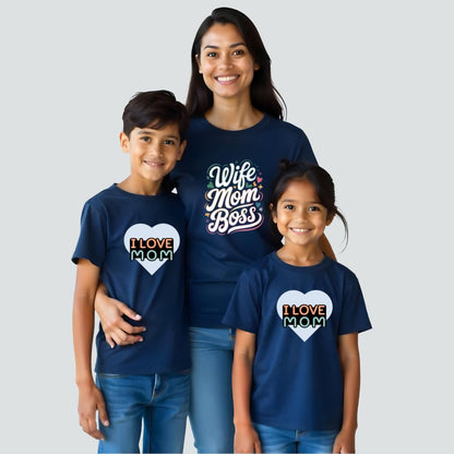 Mom and Kids Matching Navyblue t-shirts with the text 'WIFE MOM BOSS, I LOVE MOM' 