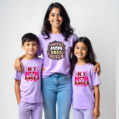 Mom and Kids Matching Lavender t-shirts with text  'Wife, Mom, Boss, Queen, My Mom Rocks'