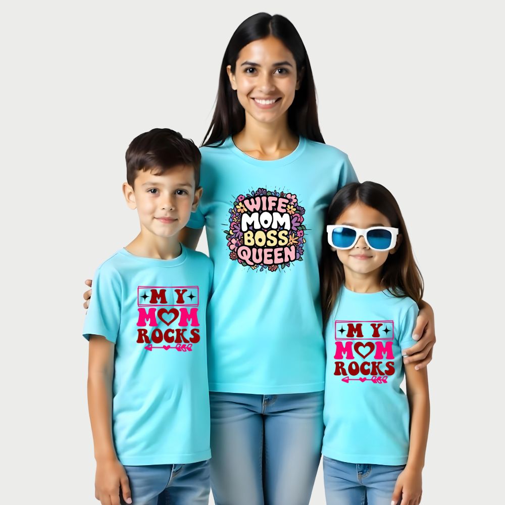 Mom and Kids Matching Aquablue t-shirts with text  'Wife, Mom, Boss, Queen, My Mom Rocks'