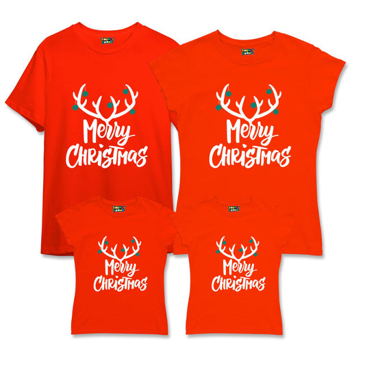 Matching Family Merry Christmas T-Shirts - Reindeer Antlers Holiday Tees - Set of 4