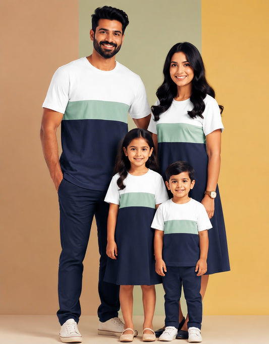 White Sage Green & Navy Blue Family Matching Outfit Set for Mom Dad Son Daughter