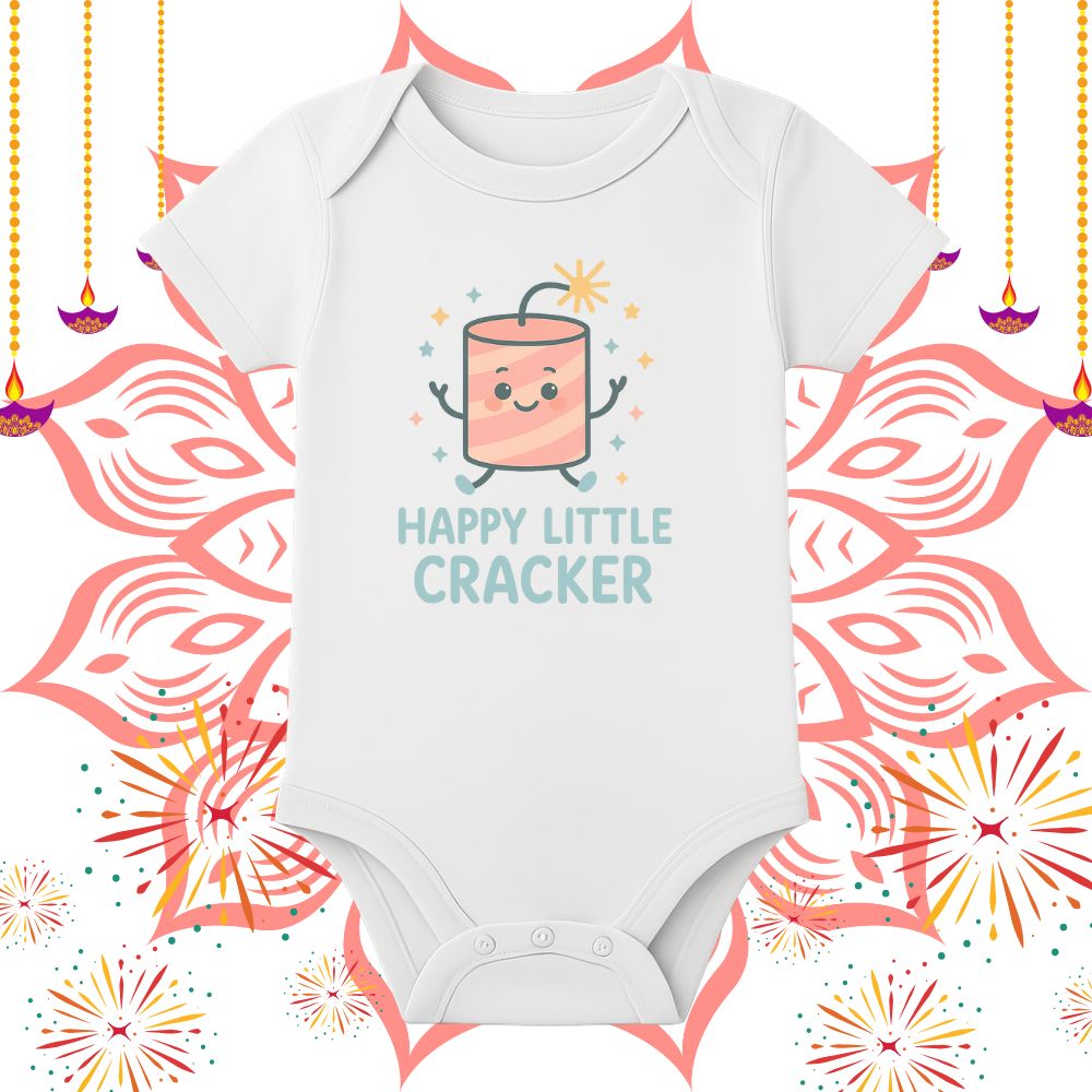 White Baby onesie with 'Happy Little Cracker' design 