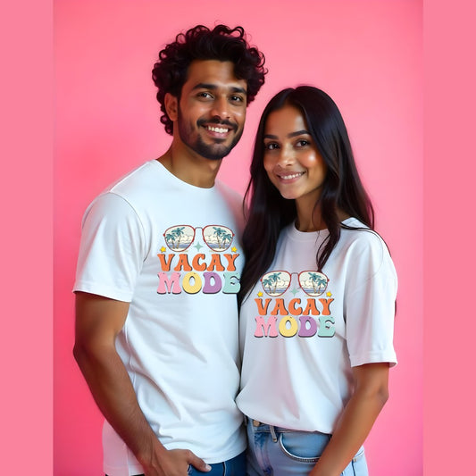 White Couple t-shirts with 'Vacay Mode' text