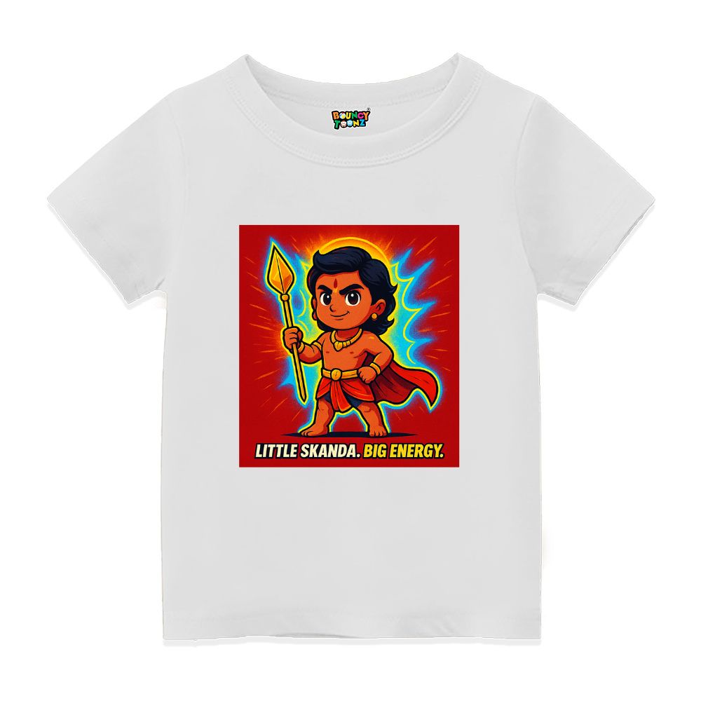 White Kids T-shirt with text 'Little Skanda. Big Energy' 