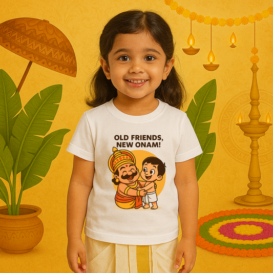 White Kids Tshirt Old Friends New Onam Special Print