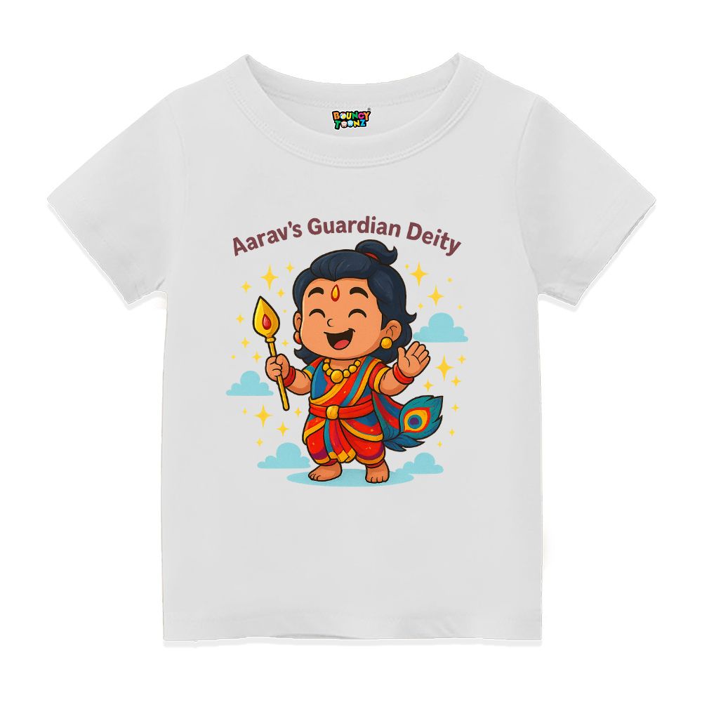 White Kids t-shirt text 'Aarav's Guardian Deity' 