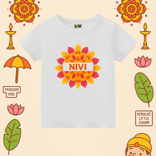 White Kids t-shirt with Special colorful flower design For Onam Celebration