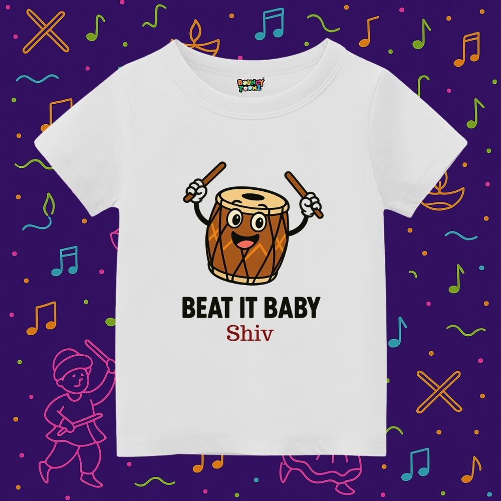White Kids t-shirt with a cartoon drum and text Beat it Baby