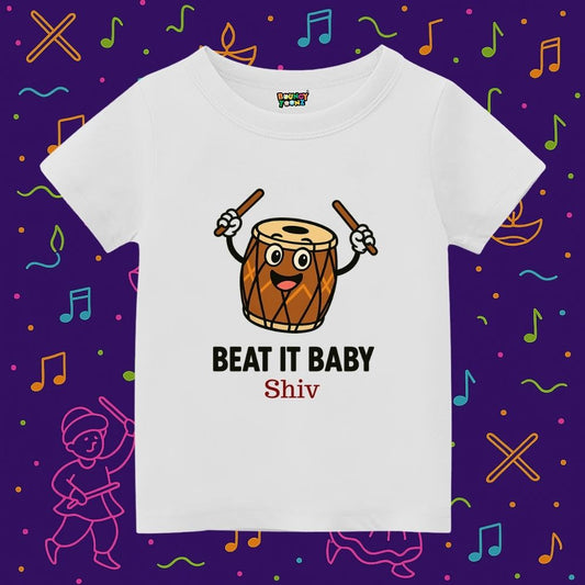 White Kids t-shirt with a cartoon drum and text Beat it Baby