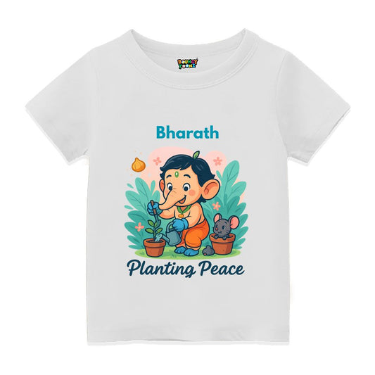 White Kids t-shirt with text 'Planting Peace' 