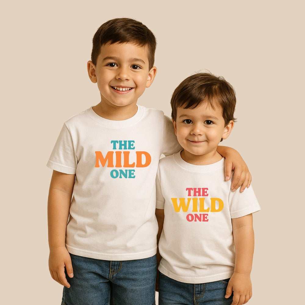 White Kids t-shirts with "The Mild One, The Wild One" colorful text