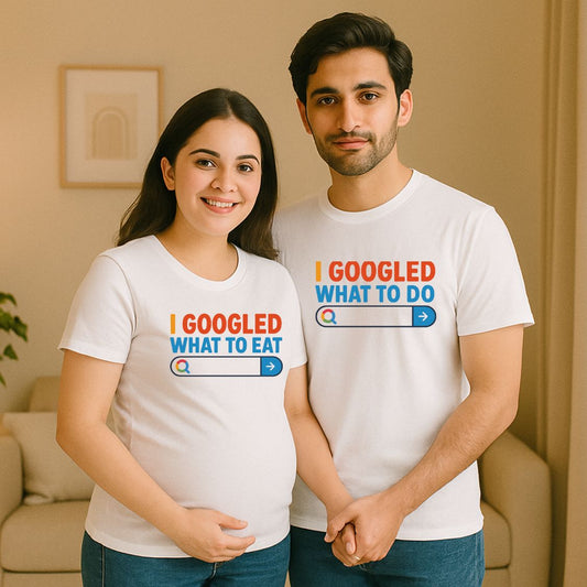 White Maternity Couple t-shirts with I Googled What To Eat Text 