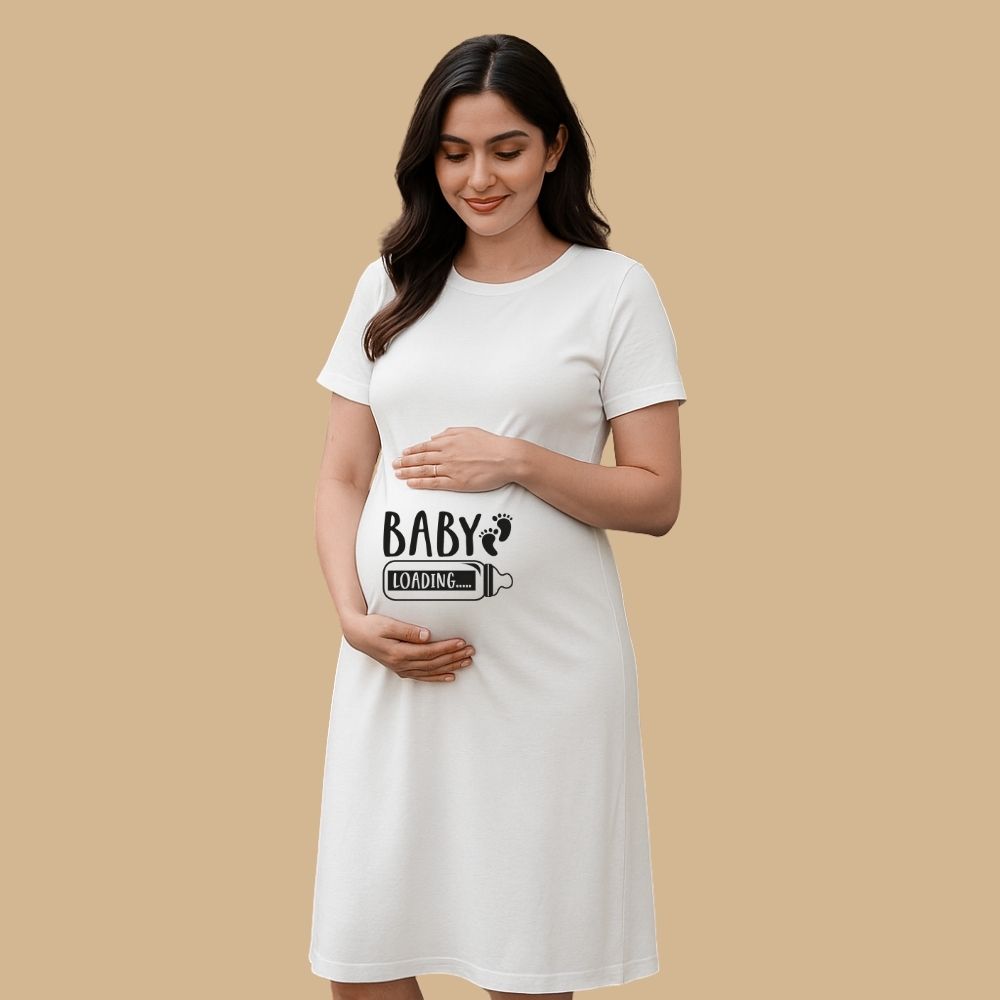 White Maternity Dress, 'Baby Loading' text and Feeding Bottle, Baby Footprint design